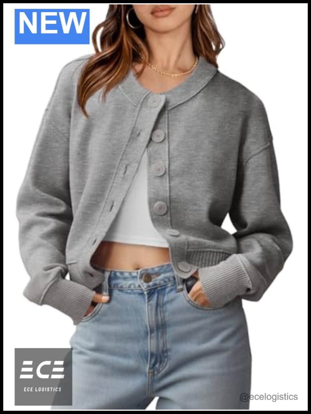 Womens Button Up Cropped Knit Cardigan Long Sleeve Crew Neck Sweater